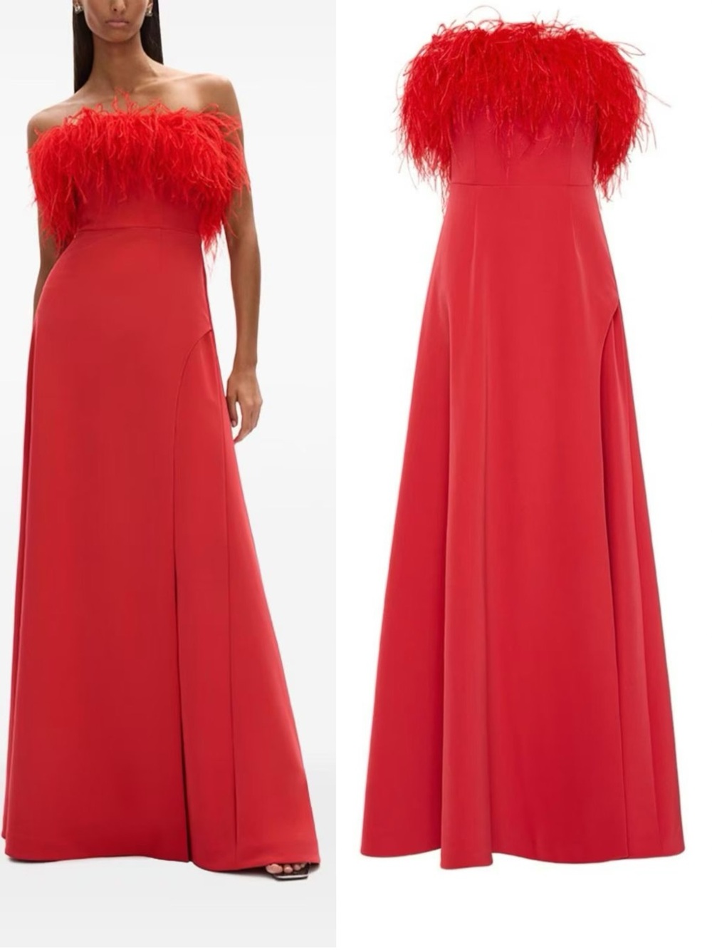 RACHEL GILBERT Link Gown Red Feather-Trim Strapless Gown, US2